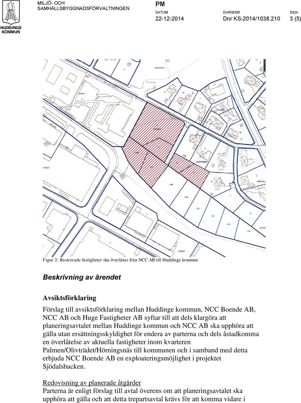 NCC AB och Huge Fastigheter AB syftar till att dels klargöra att planeringsavtalet mellan Huddinge kommun och NCC AB ska upphöra att gälla utan ersättningsskyldighet för endera av parterna och dels