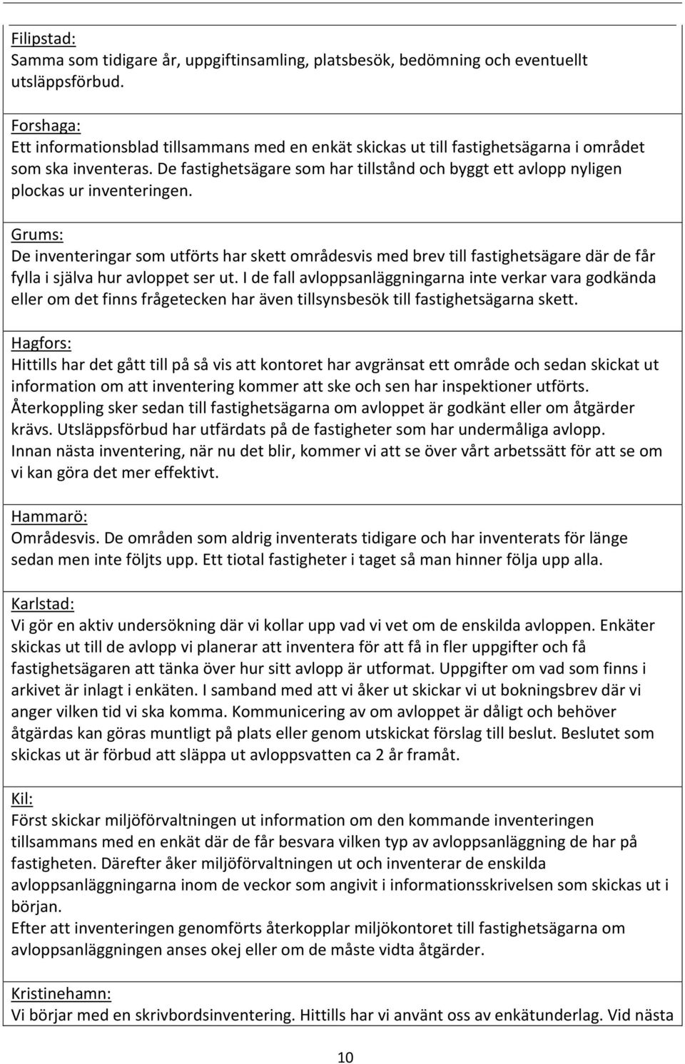 De inventeringar som utförts har skett områdesvis med brev till fastighetsägare där de får fylla i själva hur avloppet ser ut.