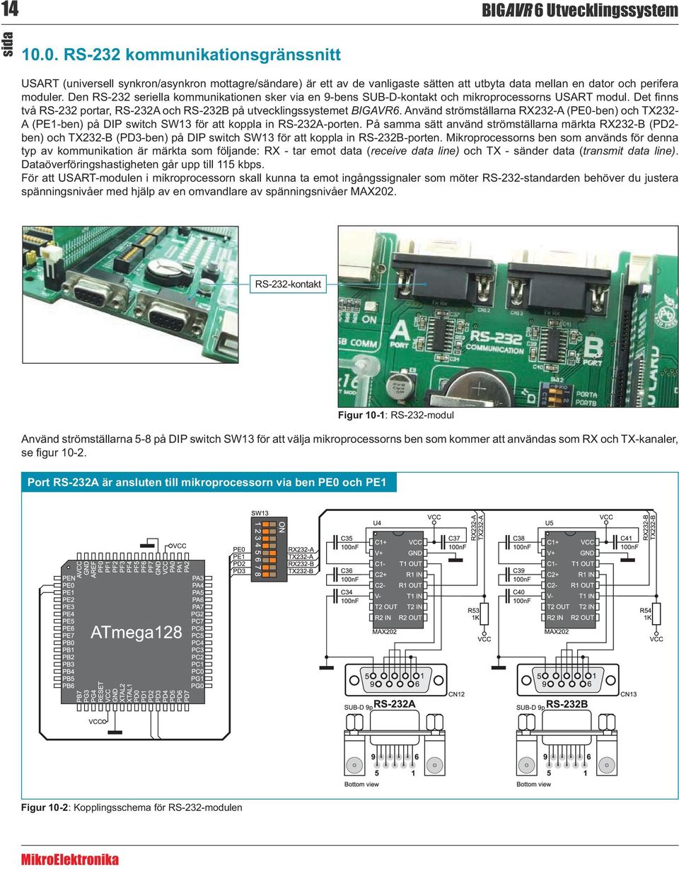 På samma sätt använd strömställarna märkta RX232-B (PD2- ben) och TX232-B (PD3-ben) på DIP switch SW13 för att koppla in RS-232B-porten.