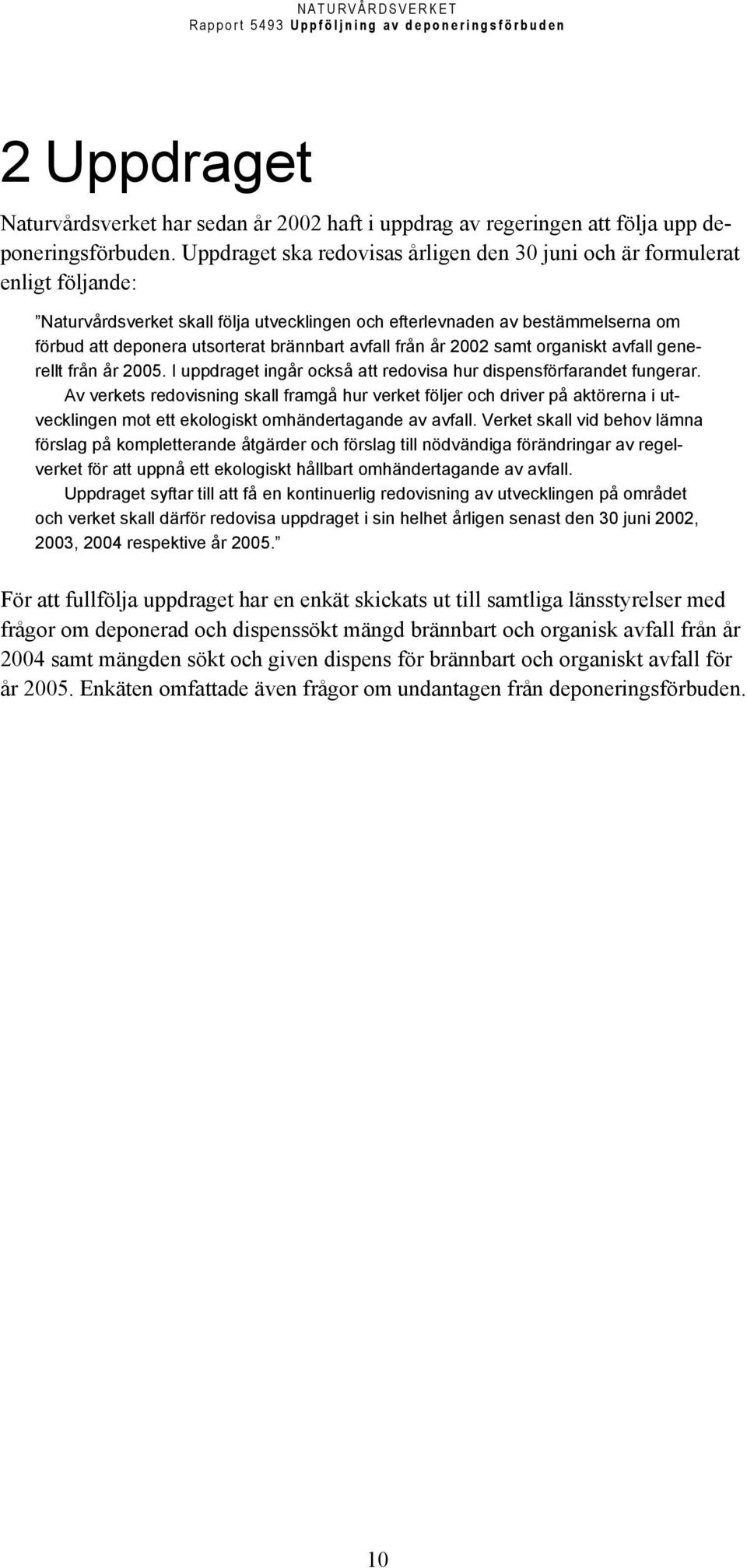 brännbart avfall från år 2002 samt organiskt avfall generellt från år 2005. I uppdraget ingår också att redovisa hur dispensförfarandet fungerar.