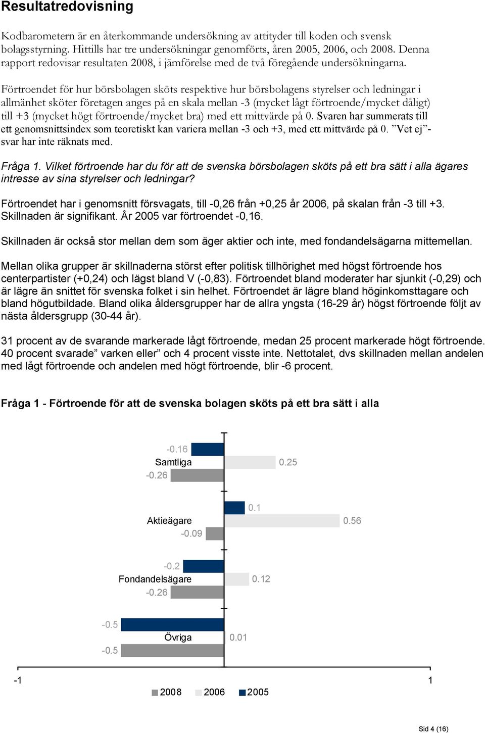 Förtroendet för hur börsbolagen sköts respektive hur börsbolagens styrelser och ledningar i allmänhet sköter företagen anges på en skala mellan -3 (mycket lågt /mycket dåligt) till +3 (mycket högt