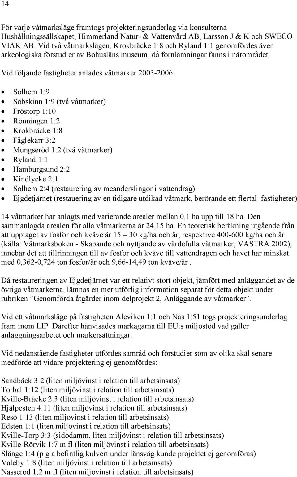 Vid följande fastigheter anlades våtmarker 2003-2006: Solhem 1:9 Söbskinn 1:9 (två våtmarker) Fröstorp 1:10 Rönningen 1:2 Krokbräcke 1:8 Fåglekärr 3:2 Mungseröd 1:2 (två våtmarker) Ryland 1:1