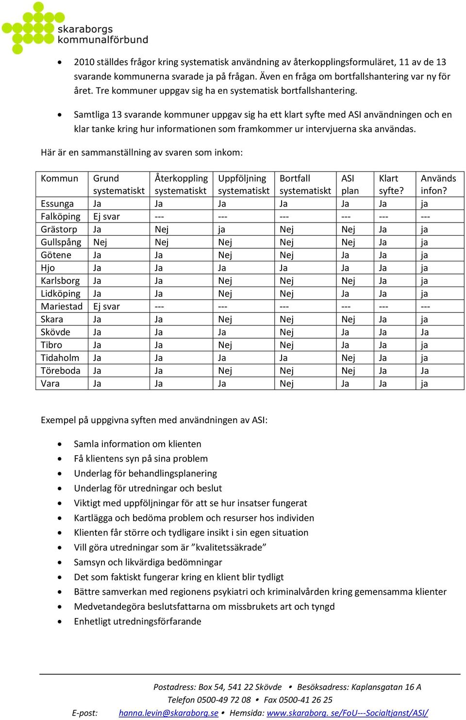 Samtliga 13 svarande kommuner uppgav sig ha ett klart syfte med ASI användningen och en klar tanke kring hur informationen som framkommer ur intervjuerna ska användas.