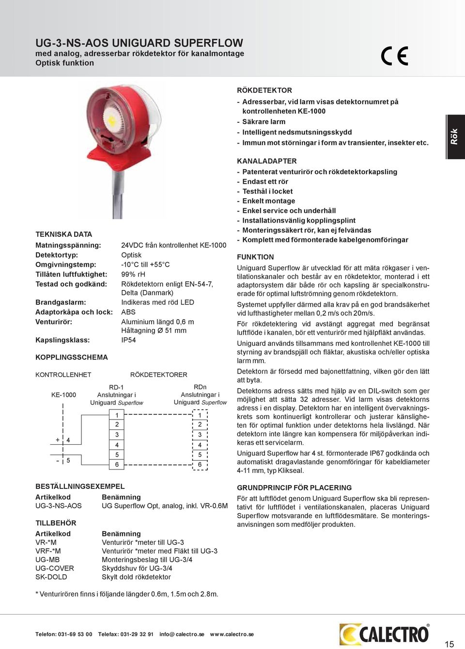 Rök TEKNISKA DATA Matningsspänning: Detektortyp: Omgivningstemp: Tillåten luftfuktighet: Testad och godkänd: Brandgaslarm: Adaptorkåpa och lock: Venturirör: Kapslingsklass: KOPPLINGSSCHEMA 24VDC från