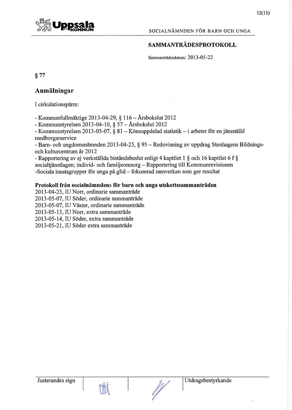 ej verkställda biståndsbeslut enligt 4 kapitlet 1 och 16 kapitlet 6 f socialtjänstlagen; individ- och familjeomsorg - Rapportering till Kommunrevisionen -Sociala insatsgrupper för unga på glid -