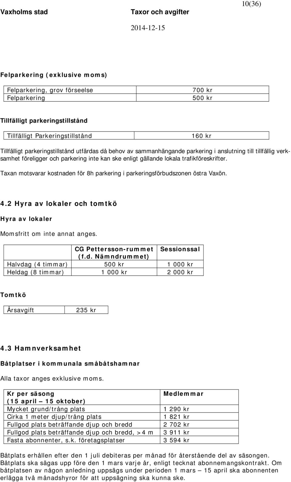 Taxan motsvarar kostnaden för 8h parkering i parkeringsförbudszonen östra Vaxön. 4.2 Hyra av lokaler och tomtkö Hyra av lokaler Momsfritt om inte annat anges. CG Pettersson-rummet Sessionssal (f.d. Nämndrummet) Halvdag (4 timmar) 500 kr 1 000 kr Heldag (8 timmar) 1 000 kr 2 000 kr Tomtkö Årsavgift 235 kr 4.