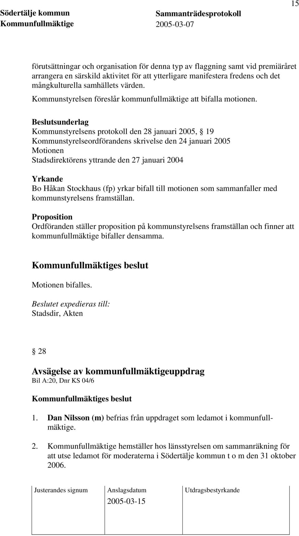 Beslutsunderlag Kommunstyrelsens protokoll den 28 januari 2005, 19 Kommunstyrelseordförandens skrivelse den 24 januari 2005 Motionen Stadsdirektörens yttrande den 27 januari 2004 Yrkande Bo Håkan