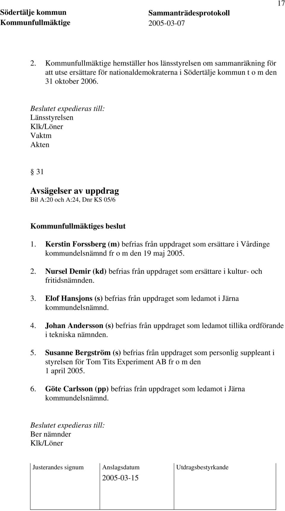 2. Nursel Demir (kd) befrias från uppdraget som ersättare i kultur- och fritidsnämnden. 3. Elof Hansjons (s) befrias från uppdraget som ledamot i Järna kommundelsnämnd. 4.