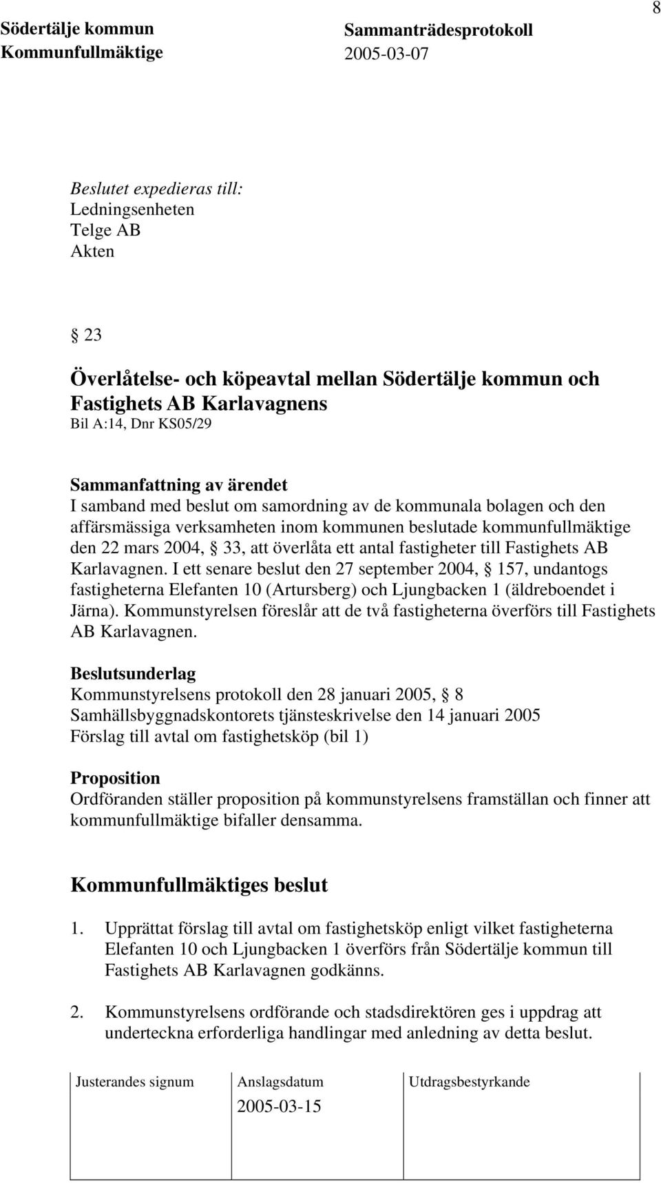 I ett senare beslut den 27 september 2004, 157, undantogs fastigheterna Elefanten 10 (Artursberg) och Ljungbacken 1 (äldreboendet i Järna).