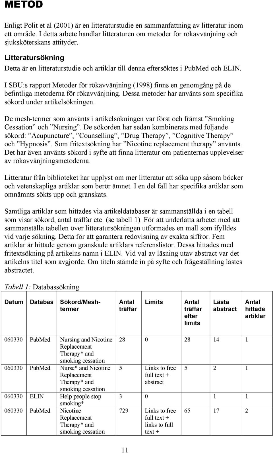 I SBU:s rapport Metoder för rökavvänjning (1998) finns en genomgång på de befintliga metoderna för rökavvänjning. Dessa metoder har använts som specifika sökord under artikelsökningen.