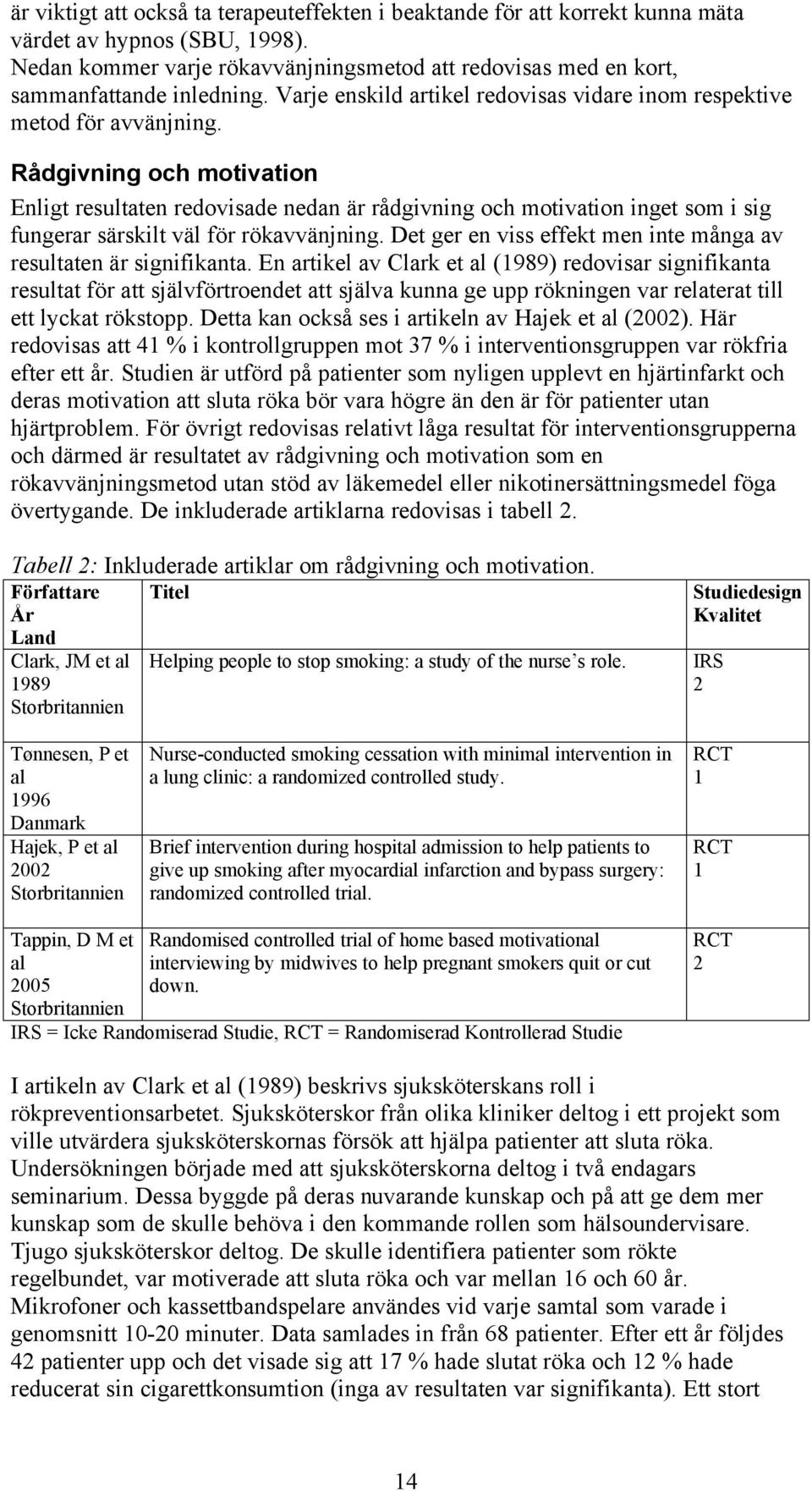 Rådgivning och motivation Enligt resultaten redovisade nedan är rådgivning och motivation inget som i sig fungerar särskilt väl för rökavvänjning.