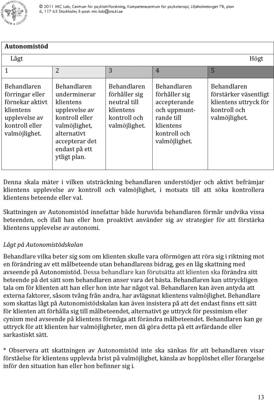 förhåller sig accepterande och uppmunt- rande till klientens kontroll och valmöjlighet. förstärker väsentligt klientens uttryck för kontroll och valmöjlighet.