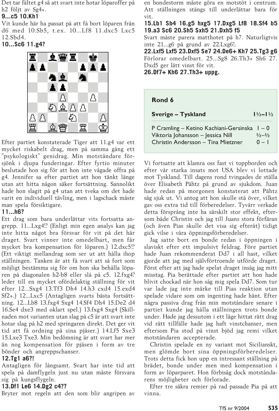 Dxh5 f5 Svart måste parera matthotet på h7. Naturligtvis inte 21...g6 på grund av 22.Lxg6!. 22.Lxf5 Lxf5 23.Dxf5 Se7 24.De6+ Kh7 25.Tg3 g6 Förlorar omedelbart. 25...Sg8 26.Th3+ Sh6 27.