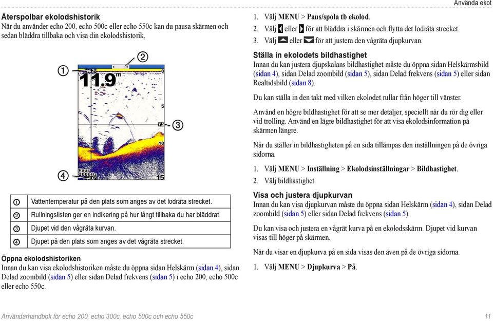 Djupet på den plats som anges av det vågräta strecket.