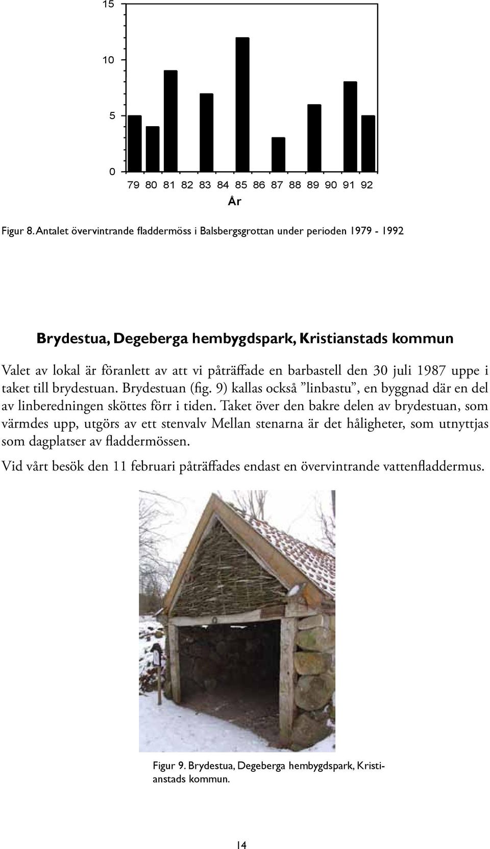 barbastell den 30 juli 1987 uppe i taket till brydestuan. Brydestuan (fig. 9) kallas också linbastu, en byggnad där en del av linberedningen sköttes förr i tiden.