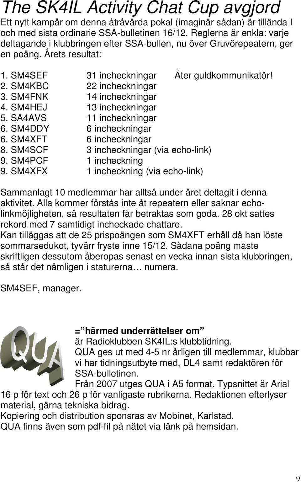 SM4KBC 22 incheckningar 3. SM4FNK 14 incheckningar 4. SM4HEJ 13 incheckningar 5. SA4AVS 11 incheckningar 6. SM4DDY 6 incheckningar 6. SM4XFT 6 incheckningar 8.