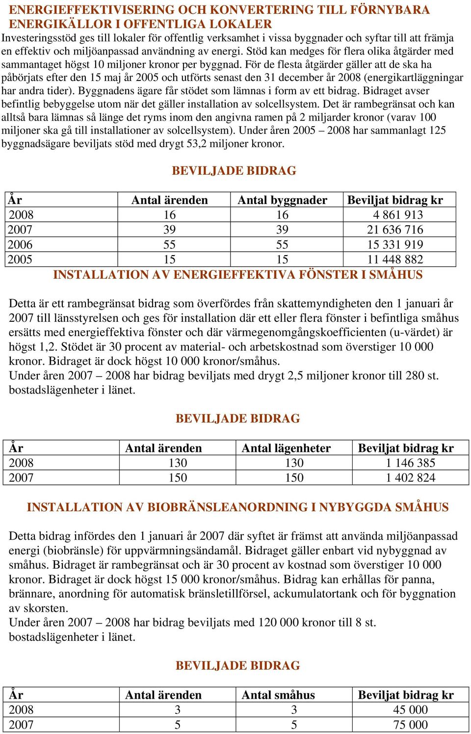 För de flesta åtgärder gäller att de ska ha påbörjats efter den 15 maj år 2005 och utförts senast den 31 december år 2008 (energikartläggningar har andra tider).