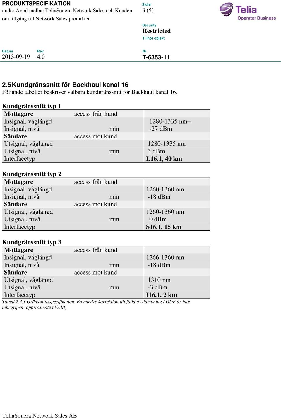 1, 40 km gränssnitt typ 2 1260-1360 nm Insignal, nivå min -18 dbm 1260-1360 nm Utsignal, nivå min 0 dbm S16.