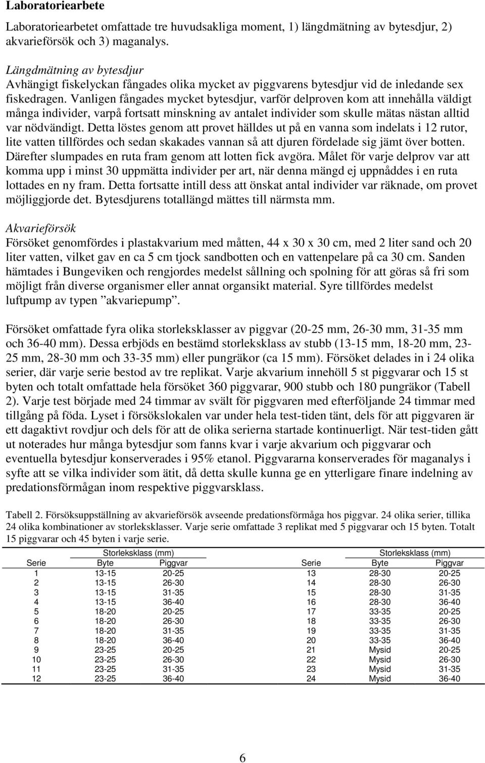 Vanligen fångades mycket bytesdjur, varför delproven kom att innehålla väldigt många individer, varpå fortsatt minskning av antalet individer som skulle mätas nästan alltid var nödvändigt.