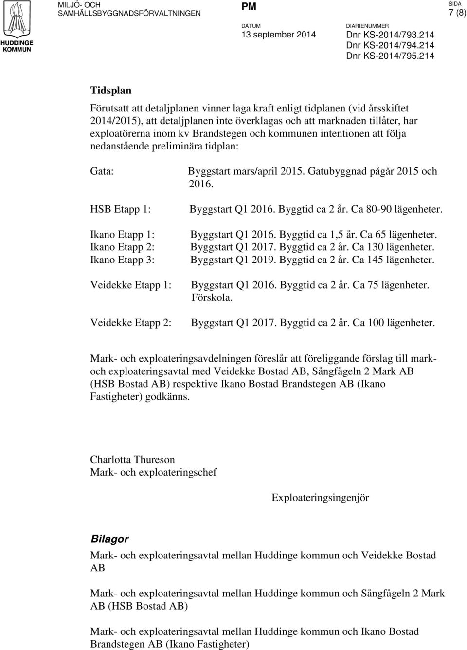 kv Brandstegen och kommunen intentionen att följa nedanstående preliminära tidplan: Gata: HSB Etapp 1: Ikano Etapp 1: Ikano Etapp 2: Ikano Etapp 3: Veidekke Etapp 1: Veidekke Etapp 2: Byggstart