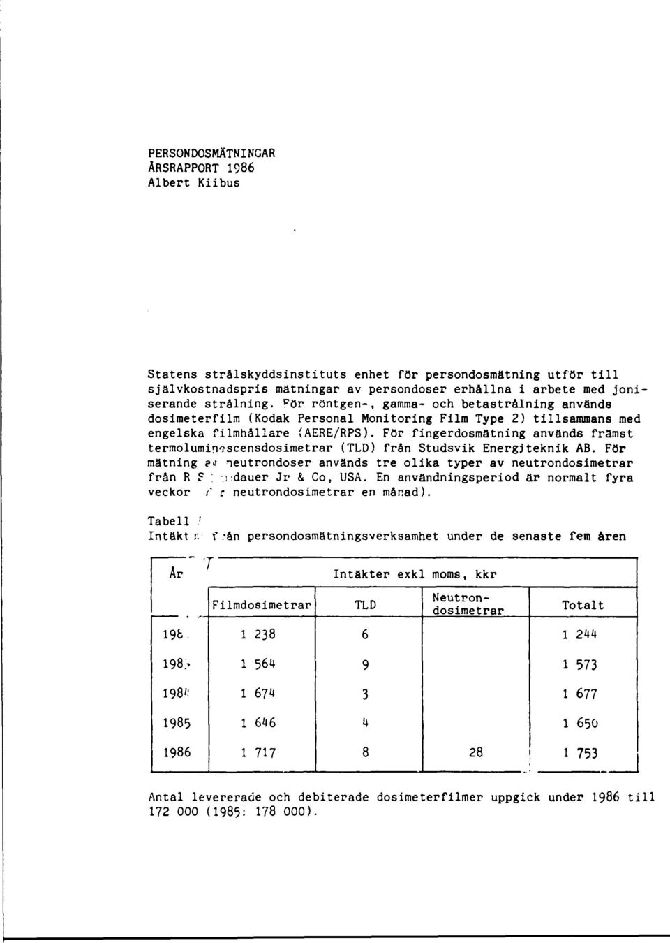 För fingerdosmätning används främst termolumirrjscensdosimetrar (TLD) från Studsvik Energiteknik AB. För mätning et neutrondoser används tre olika typer av neutrondosimetrar från R F : i.