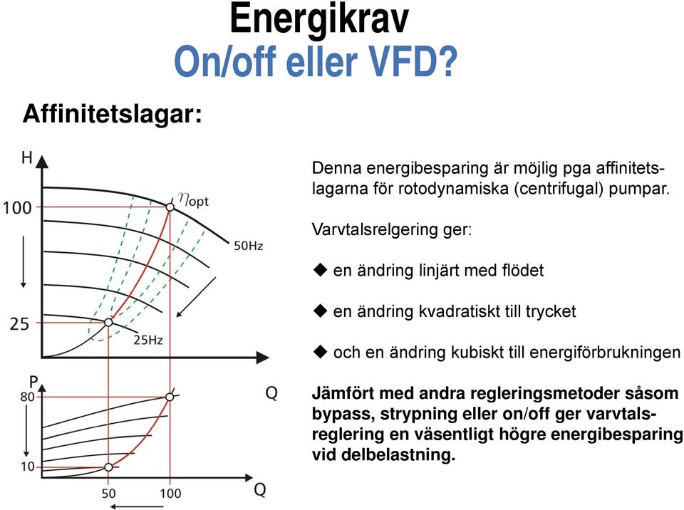 Varvtalsrelgering ger: en ändring linjärt med flödet en ändring kvadratiskt till trycket och en ändring