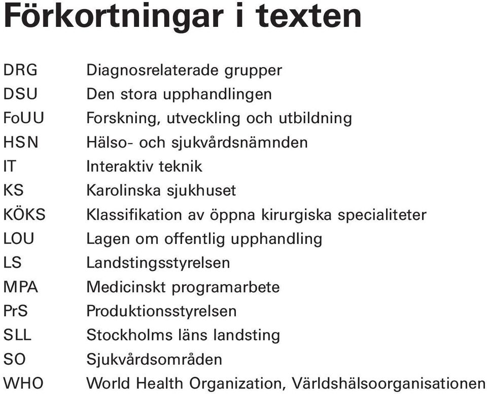 kirurgiska specialiteter LOU Lagen om offentlig upphandling LS Landstingsstyrelsen MPA Medicinskt programarbete PrS