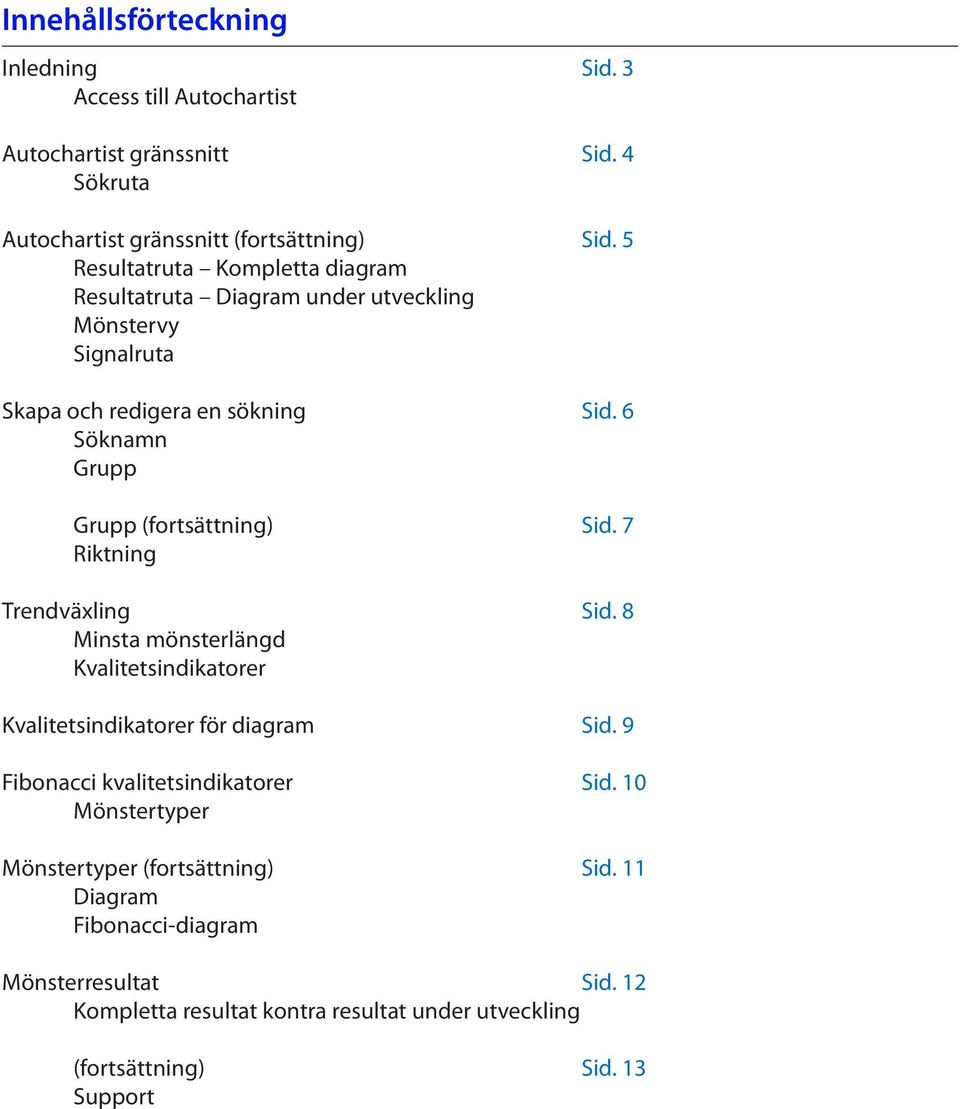 6 Söknamn Grupp Grupp (fortsättning) Sid. 7 Riktning Trendväxling Sid. 8 Minsta mönsterlängd Kvalitetsindikatorer Kvalitetsindikatorer för diagram Sid.