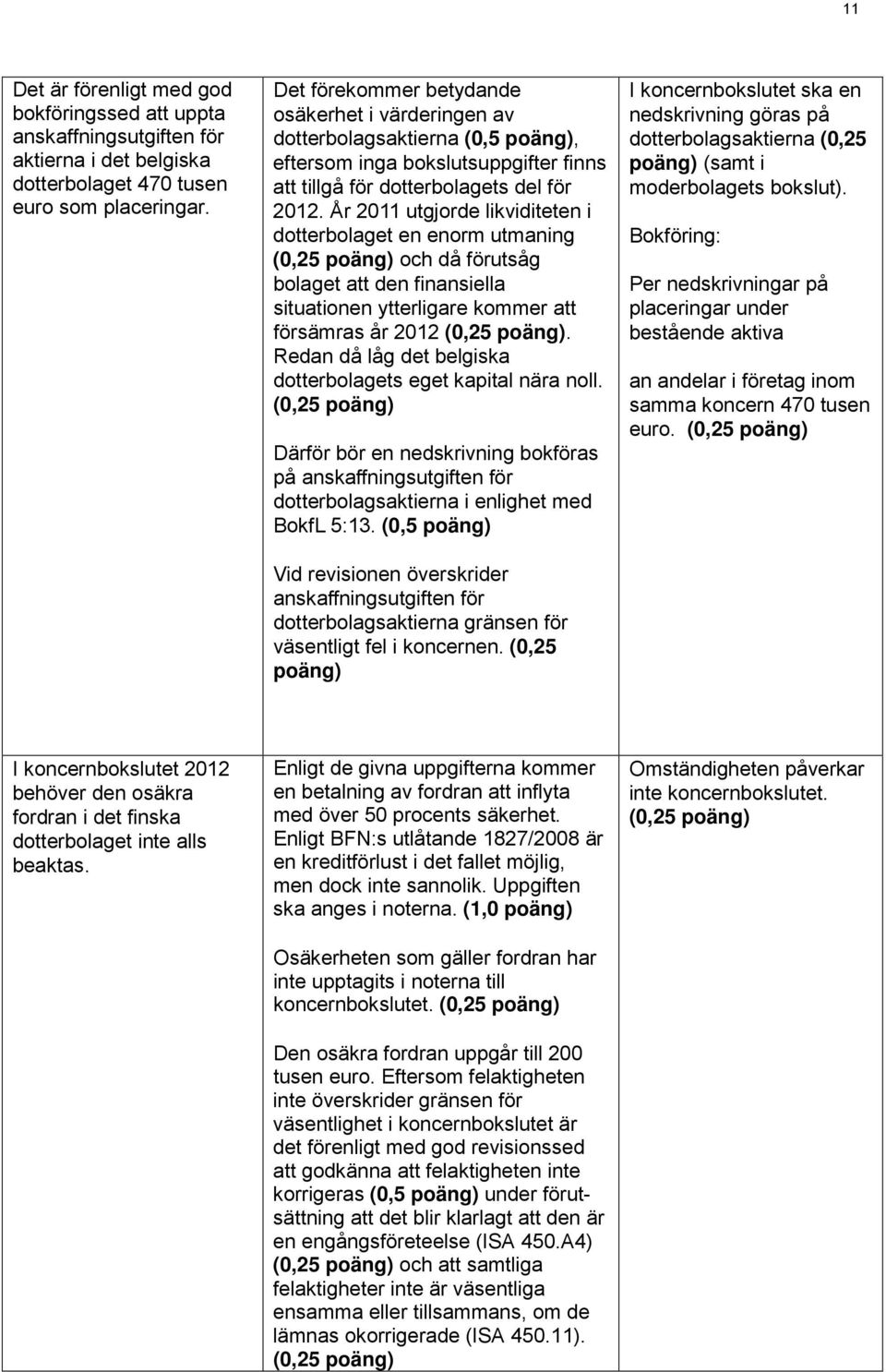 År 2011 utgjorde likviditeten i dotterbolaget en enorm utmaning (0,25 poäng) och då förutsåg bolaget att den finansiella situationen ytterligare kommer att försämras år 2012 (0,25 poäng).