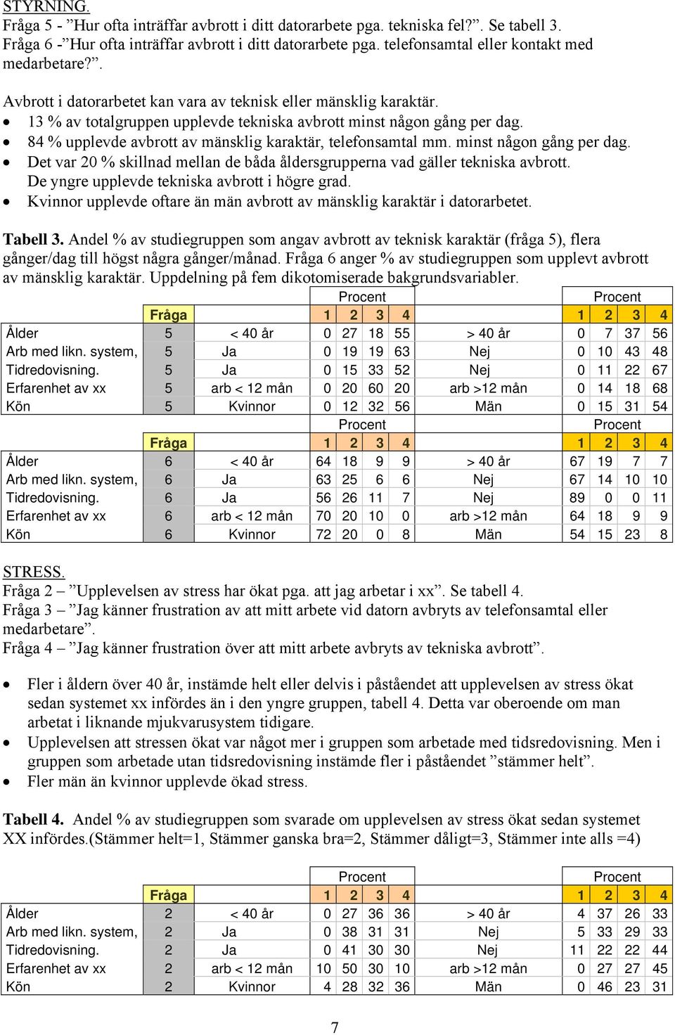 84 % upplevde avbrott av mänsklig karaktär, telefonsamtal mm. minst någon gång per dag. Det var 20 % skillnad mellan de båda åldersgrupperna vad gäller tekniska avbrott.