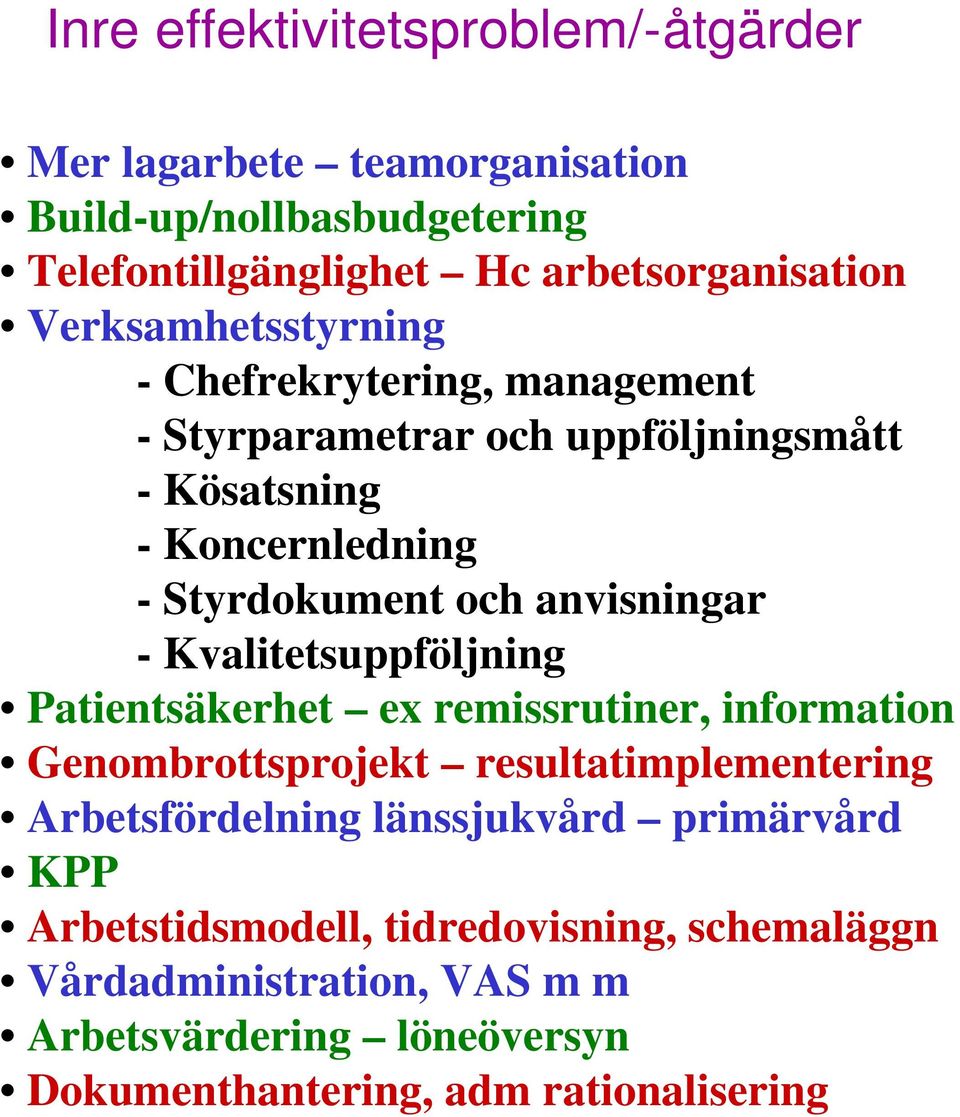 anvisningar - Kvalitetsuppföljning Patientsäkerhet ex remissrutiner, information Genombrottsprojekt resultatimplementering Arbetsfördelning