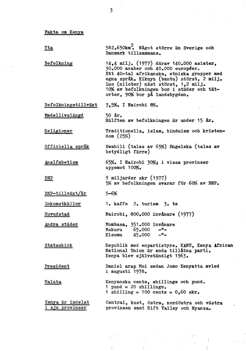 Ett 40-tal afrikanska, etniska grupper med egna språk. Kikuyu (bantu) störst, 2 milj. Luo (niloter) näst störst, 1,2 mil j. 10% av befolkningen bor i stader och tätorter, 9C$ bor p% landsbygden.