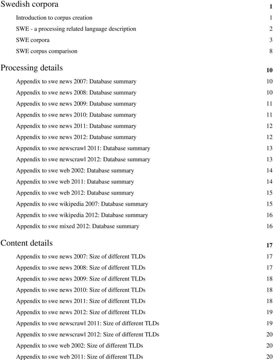 Appendix to swe news 2012: Database summary 12 Appendix to swe newscrawl 2011: Database summary 13 Appendix to swe newscrawl 2012: Database summary 13 Appendix to swe web 2002: Database summary 14