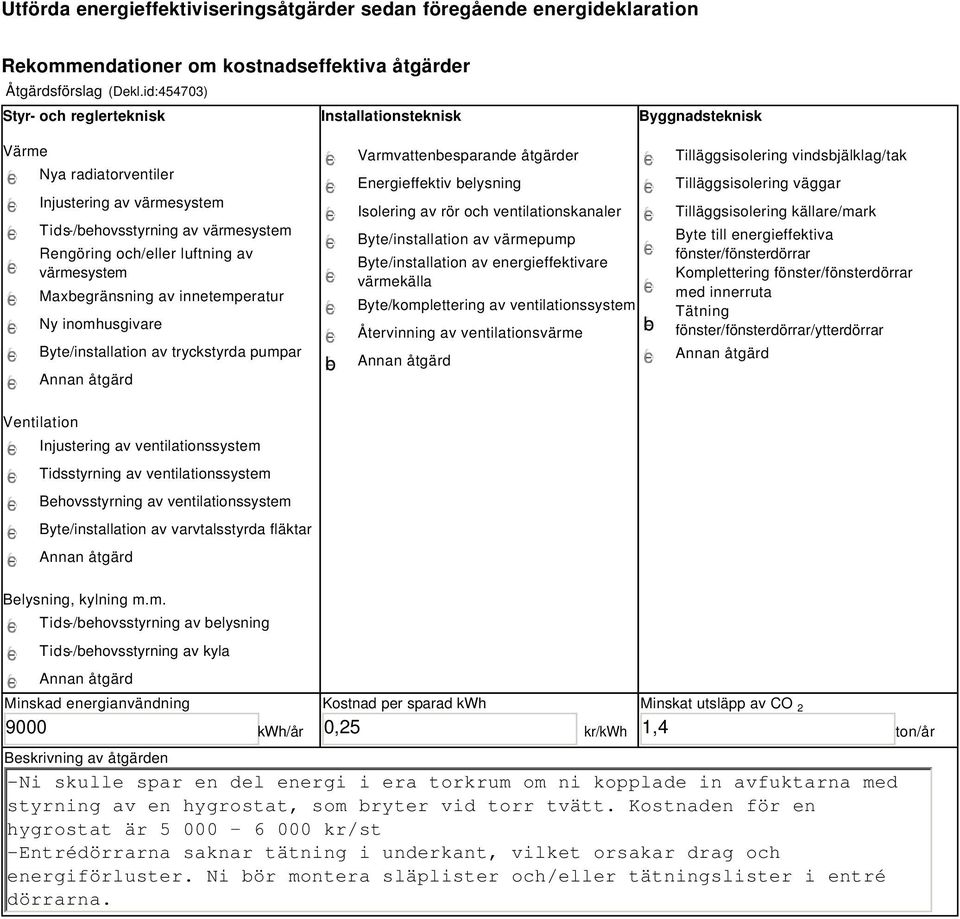 värmesystem Maxbegränsning av innetemperatur Ny inomhusgivare Byte/installation av tryckstyrda pumpar b Varmvattenbesparande åtgärder Energieffektiv belysning Isolering av rör och ventilationskanaler