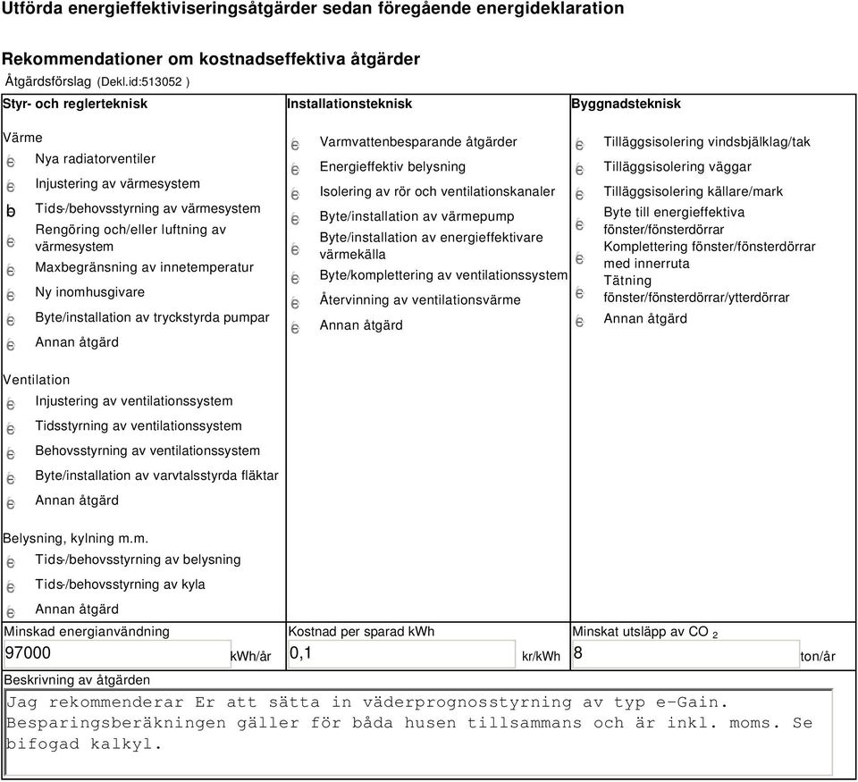 värmesystem Maxbegränsning av innetemperatur Ny inomhusgivare Byte/installation av tryckstyrda pumpar Varmvattenbesparande åtgärder Energieffektiv belysning Isolering av rör och ventilationskanaler