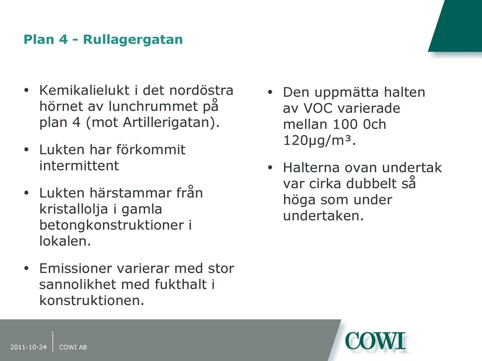 lokalen. Den uppmätta halten av VOC varierade mellan 100 0ch 120μg/m³.