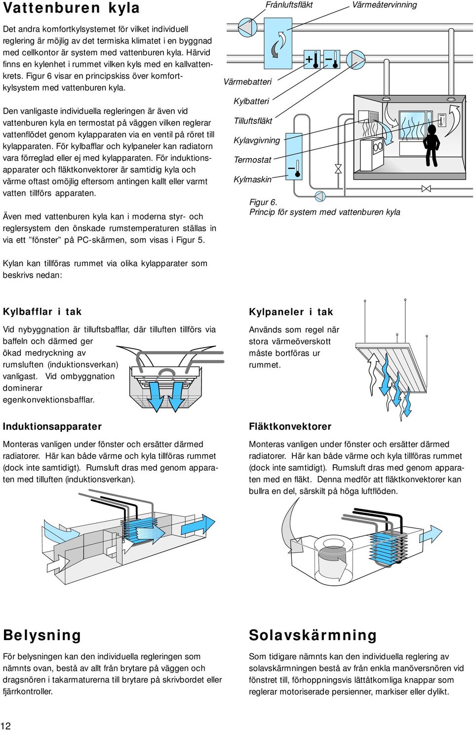 Den vanligaste individuella regleringen är även vid vattenburen kyla en termostat på väggen vilken reglerar vattenflödet genom kylapparaten via en ventil på röret till kylapparaten.