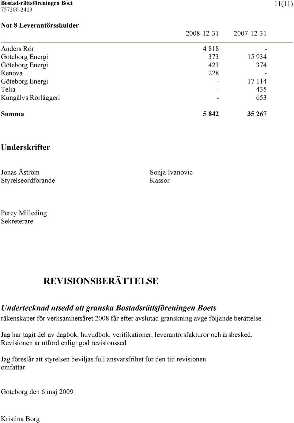 Bostadsrättsföreningen Boets räkenskaper för verksamhetsåret 2008 får efter avslutad granskning avge följande berättelse.