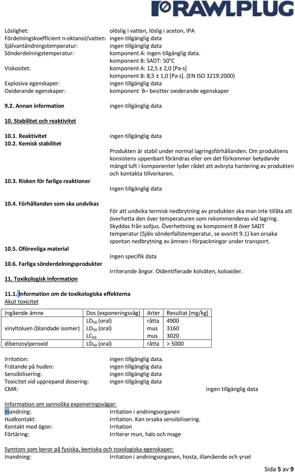 (EN ISO 3219:2000) Explosiva egenskaper: Oxiderande egenskaper: komponent B besitter oxiderande egenskaper 9.2. Annan information 10. Stabilitet och reaktivitet 10.1. Reaktivitet 10.2. Kemisk stabilitet Produkten är stabil under normal lagringsförhållanden.