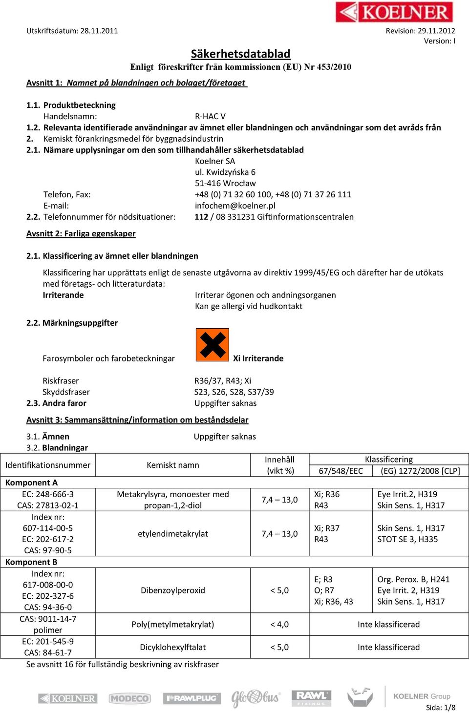 Nӓmare upplysningar om den som tillhandahåller sӓkerhetsdatablad Koelner SA ul. Kwidzyńska 6 51-416 Wrocław Telefon, Fax: +48 (0) 71 32 