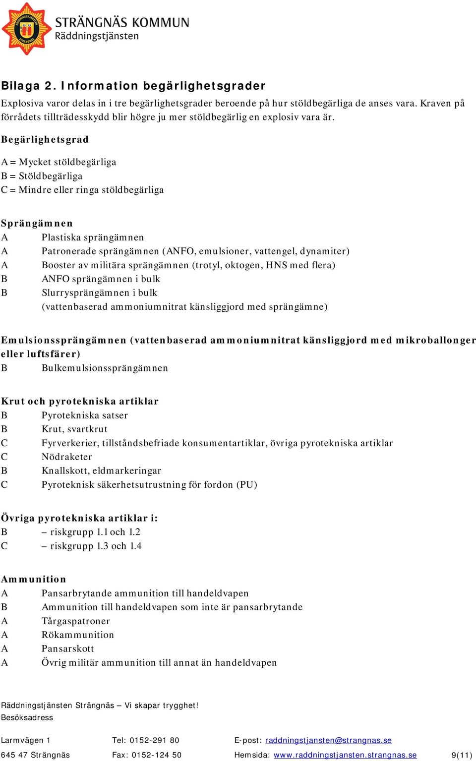 Begärlighetsgrad A = Mycket stöldbegärliga B = Stöldbegärliga C = Mindre eller ringa stöldbegärliga Sprängämnen A Plastiska sprängämnen A Patronerade sprängämnen (ANFO, emulsioner, vattengel,