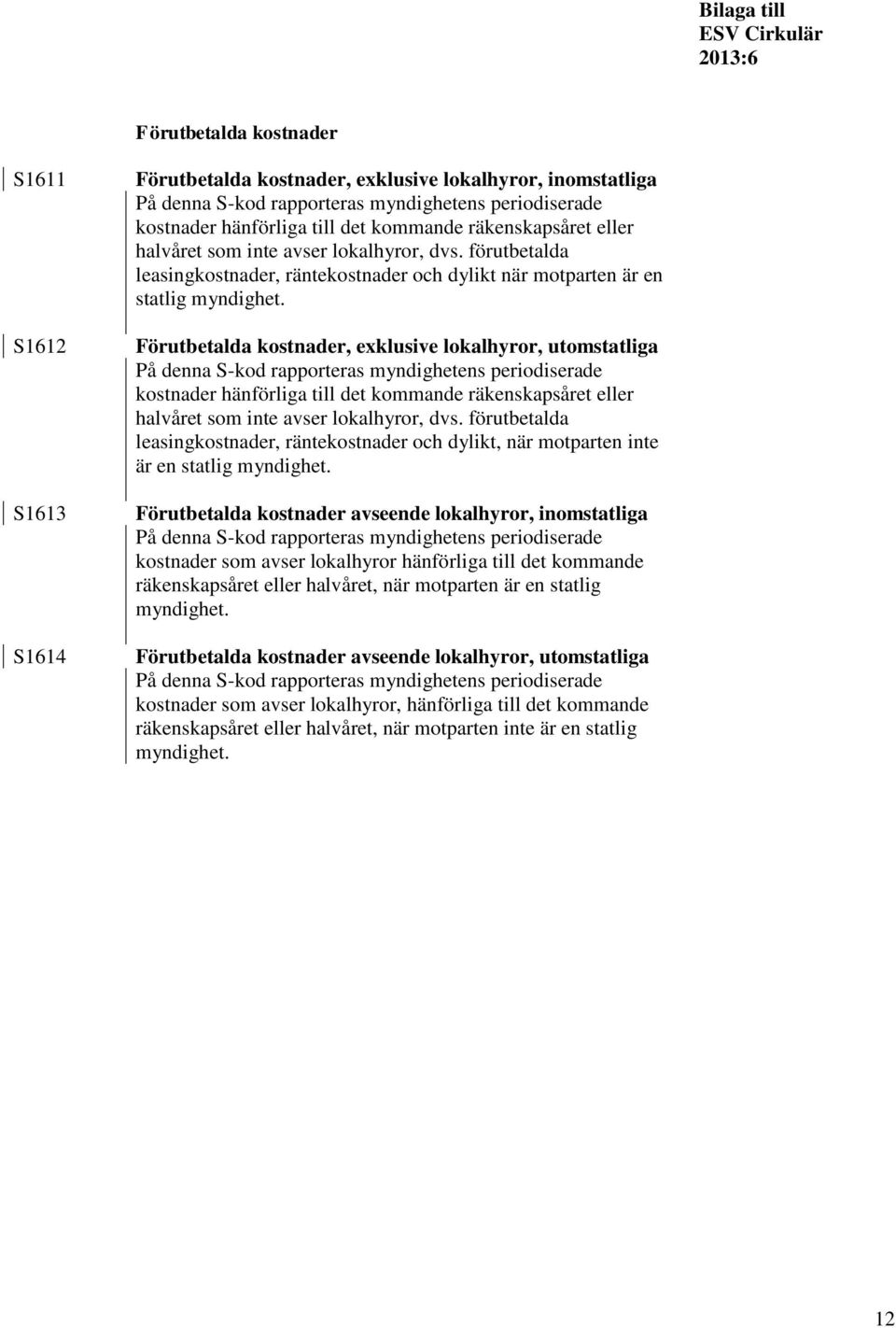 Förutbetalda kostnader, exklusive lokalhyror, utomstatliga På denna S-kod rapporteras myndighetens periodiserade kostnader hänförliga till det kommande räkenskapsåret eller halvåret som inte avser