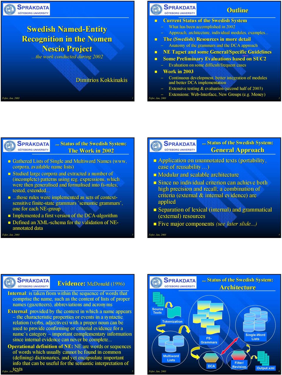 .. The (Swedish) Resources in more detail Anatomy of the grammars and the DCA approach NE Tagset and some General/Specific Guidelines mainly Some Preliminary Evaluations based on SUC2 Evaluation on