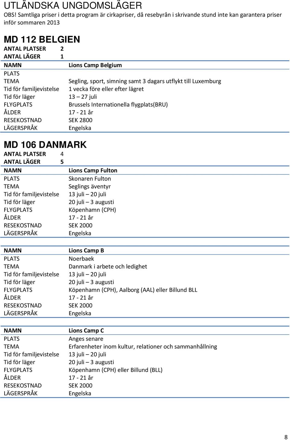 simning samt 3 dagars utflykt till Luxemburg Tid för familjevistelse 1 vecka före eller efter lägret Tid för läger 13 27 juli FLYG Brussels Internationella flygplats(bru) ÅLDER 17-21 år RESEKOSTNAD