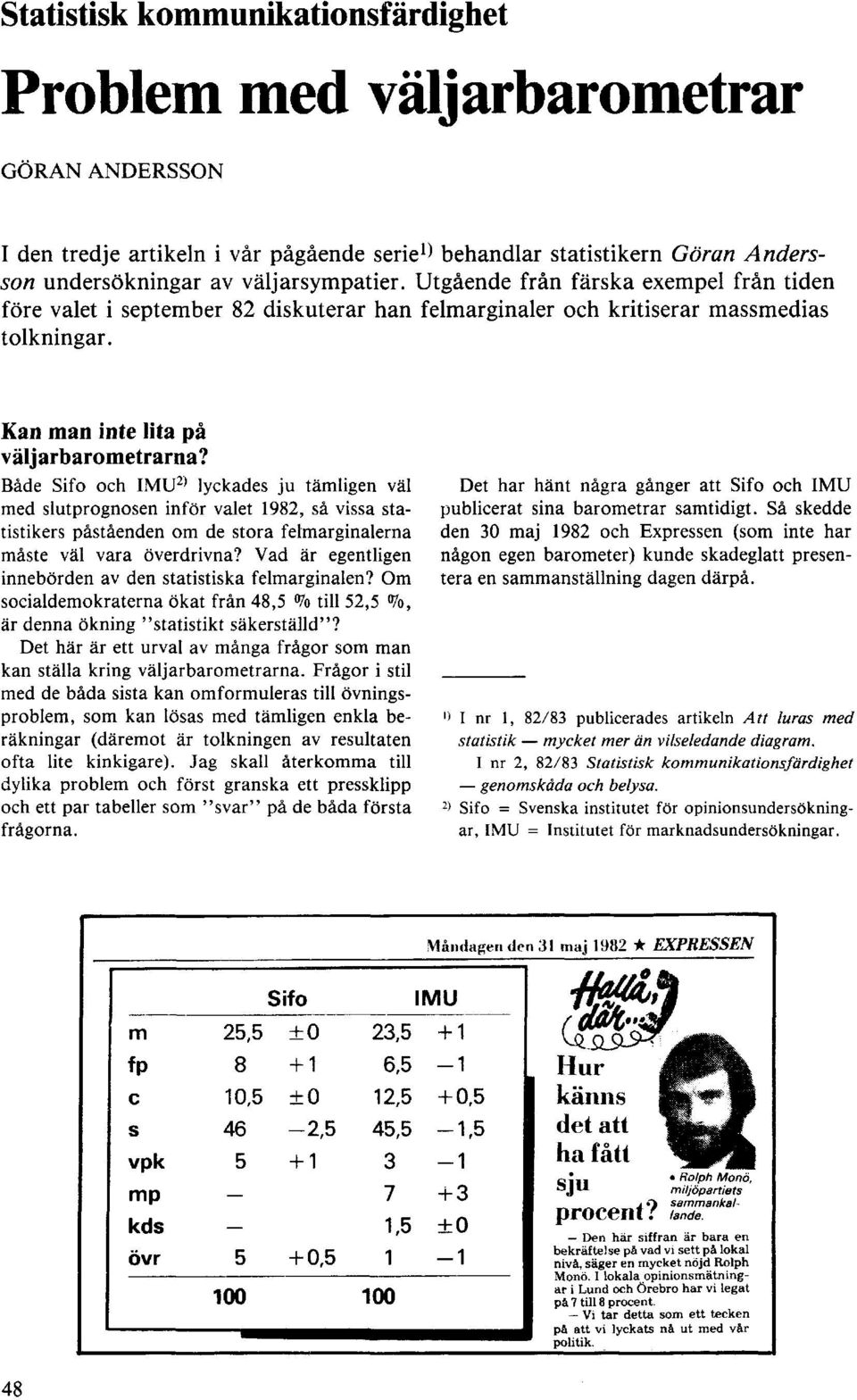 Både Sifo och IMU 2) lyckades ju tämligen väl med slutprognosen inför valet 1982, så vissa statistikers påståenden om de stora felmarginalerna måste väl vara överdrivna?