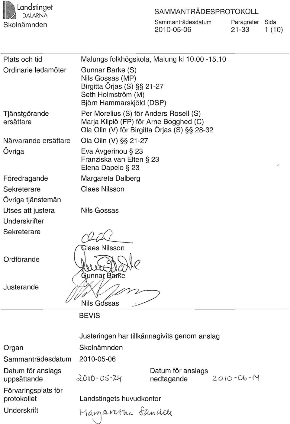 10 Gunnar Barke (S) Nils Gossas (MP) Birgitta Örjas (S) 21-27 Seth Holmström (M) Björn Hammarskjöld (DSP) Per Morelius (S) för Anders RoselI (S) Marja Kilpiö (FP) för Arne Bogghed (C) Ola Olin (V)