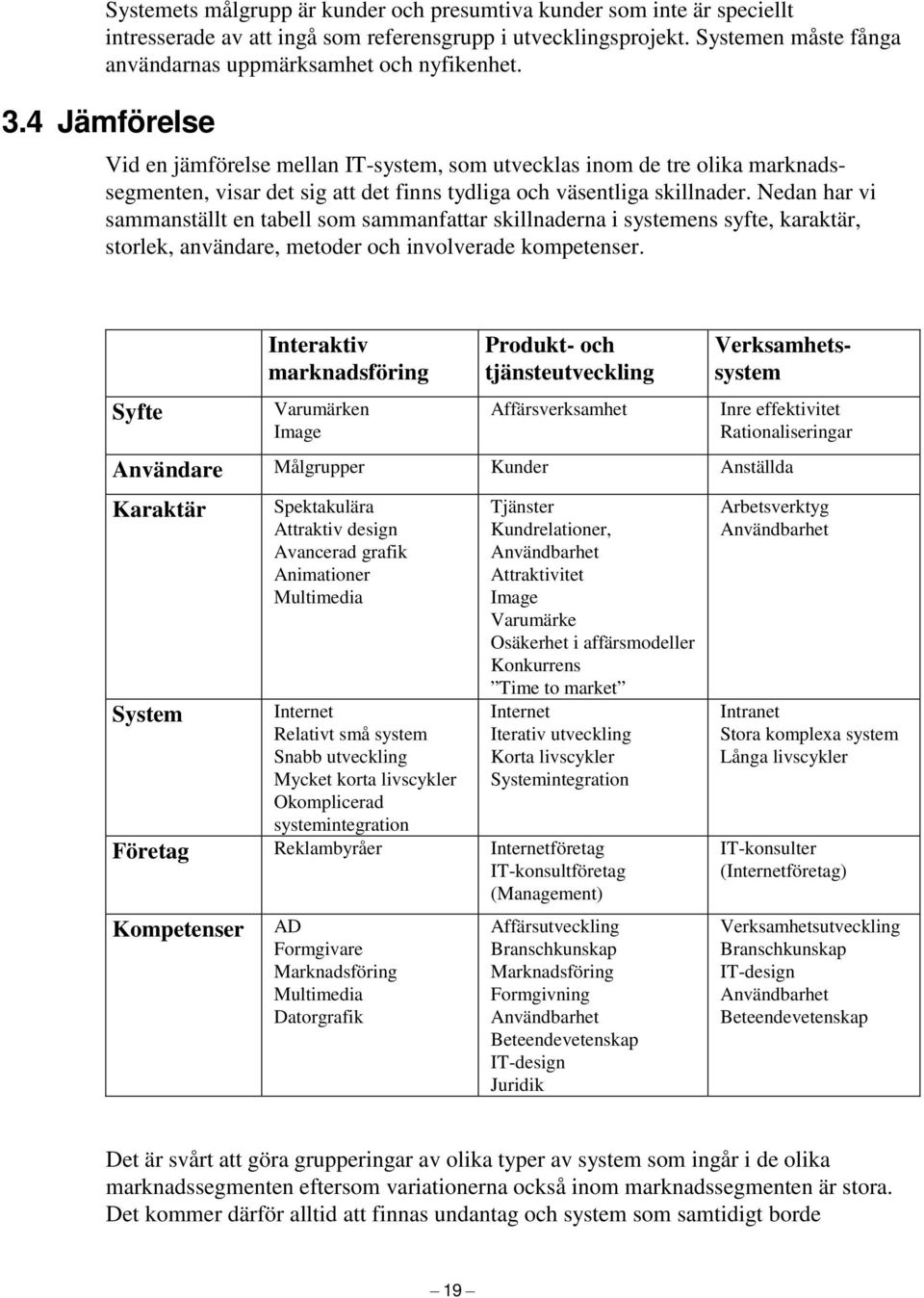 Nedan har vi sammanställt en tabell som sammanfattar skillnaderna i systemens syfte, karaktär, storlek, användare, metoder och involverade kompetenser.