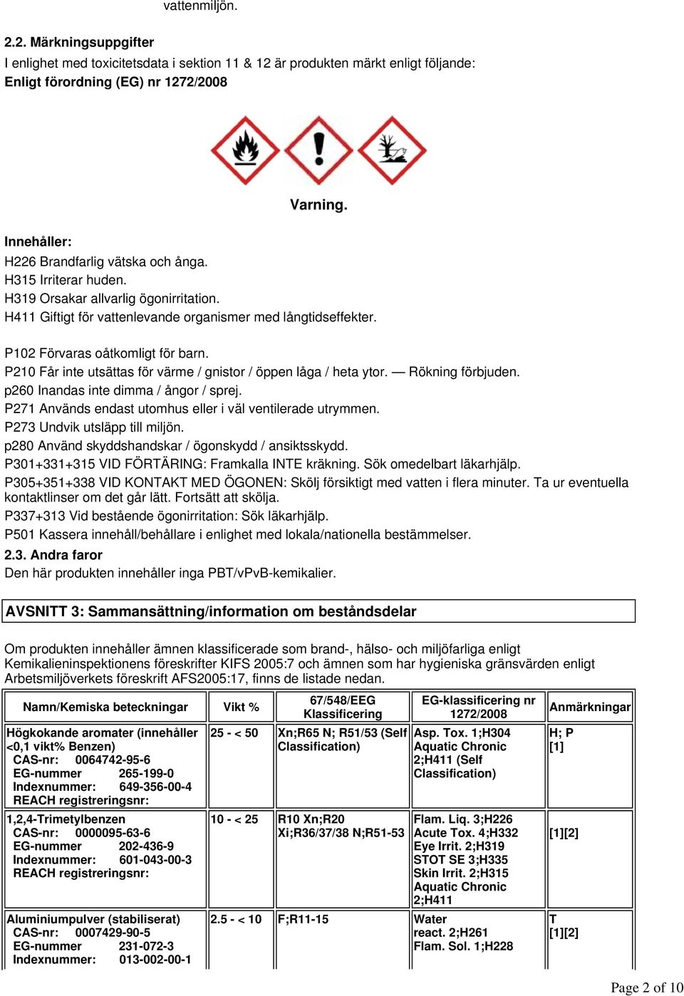 P102 Förvaras oåtkomligt för barn. P210 Får inte utsättas för värme / gnistor / öppen låga / heta ytor. Rökning förbjuden. p260 Inandas inte dimma / ångor / sprej.