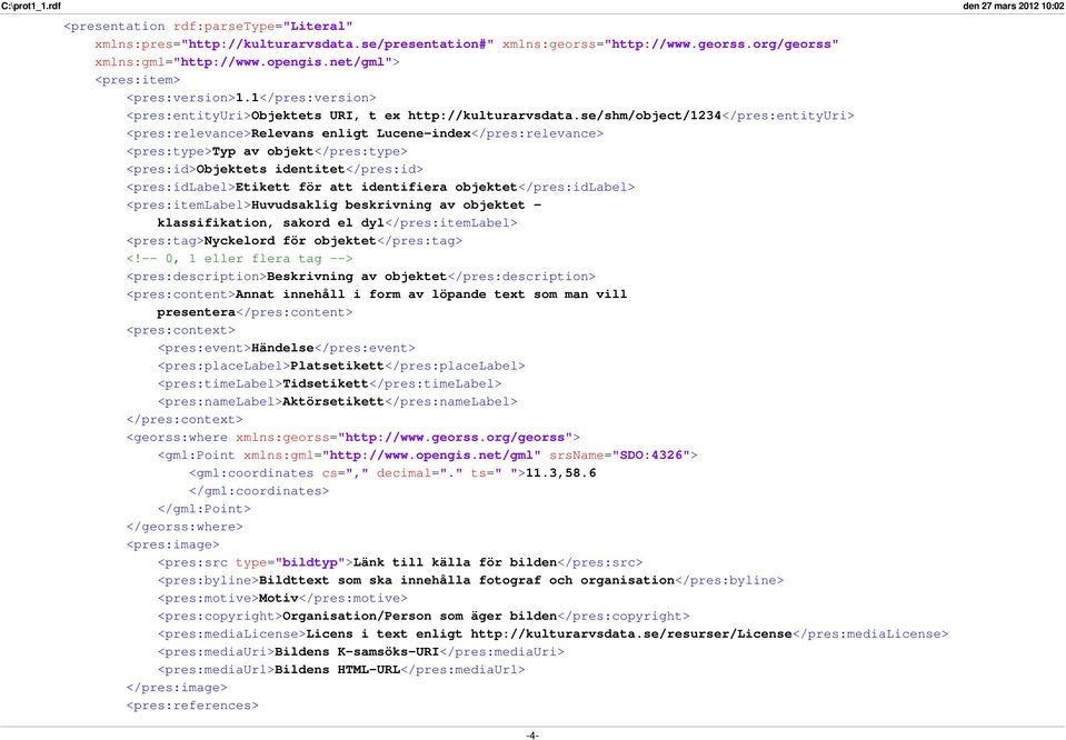 se/shm/object/1234</pres:entityuri> <pres:relevance>relevans enligt Lucene-index</pres:relevance> <pres:type>typ av objekt</pres:type> <pres:id>objektets identitet</pres:id> <pres:idlabel>etikett för