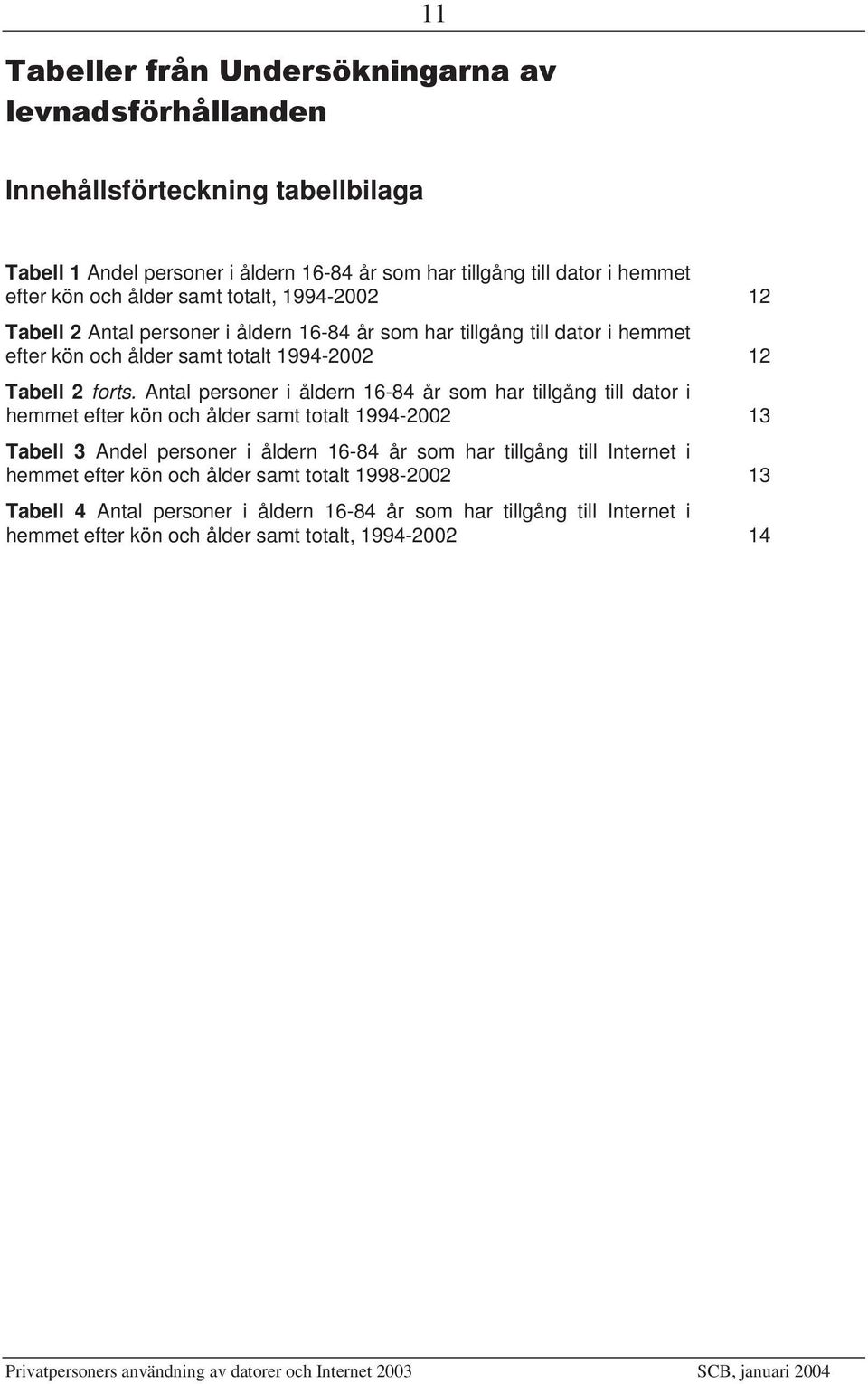 Antal personer i åldern 16-84 år som har tillgång till dator i hemmet efter kön och ålder samt totalt 1994-2002 13 Tabell 3 Andel personer i åldern 16-84 år som har tillgång till